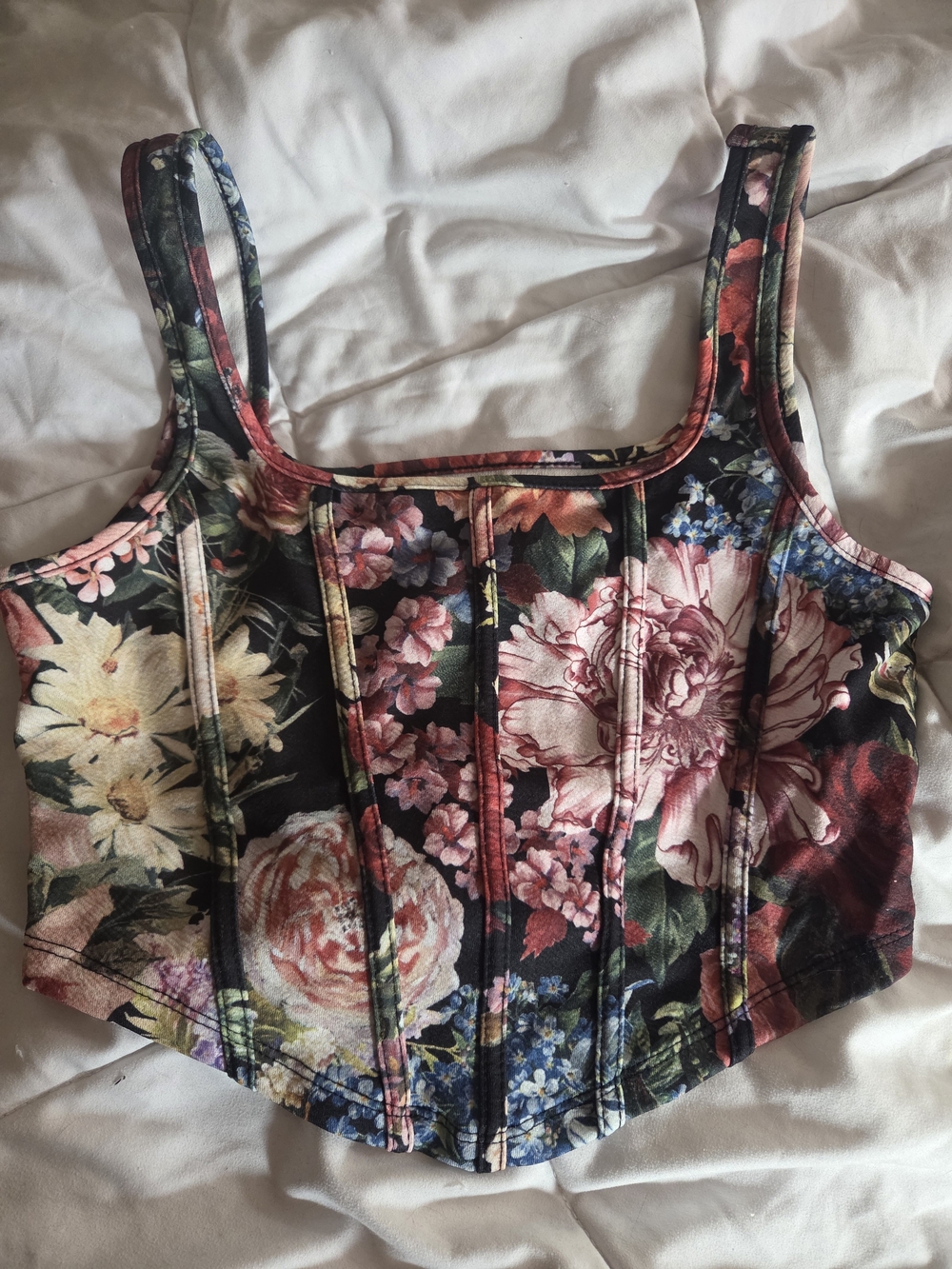 SHEIN Black Multi Floral Structured Corset Crop Top